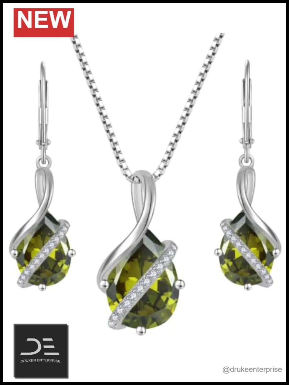 925 Sterling Silver Peridot Jewelry Set Necklace Earrings Teardrop Dangle